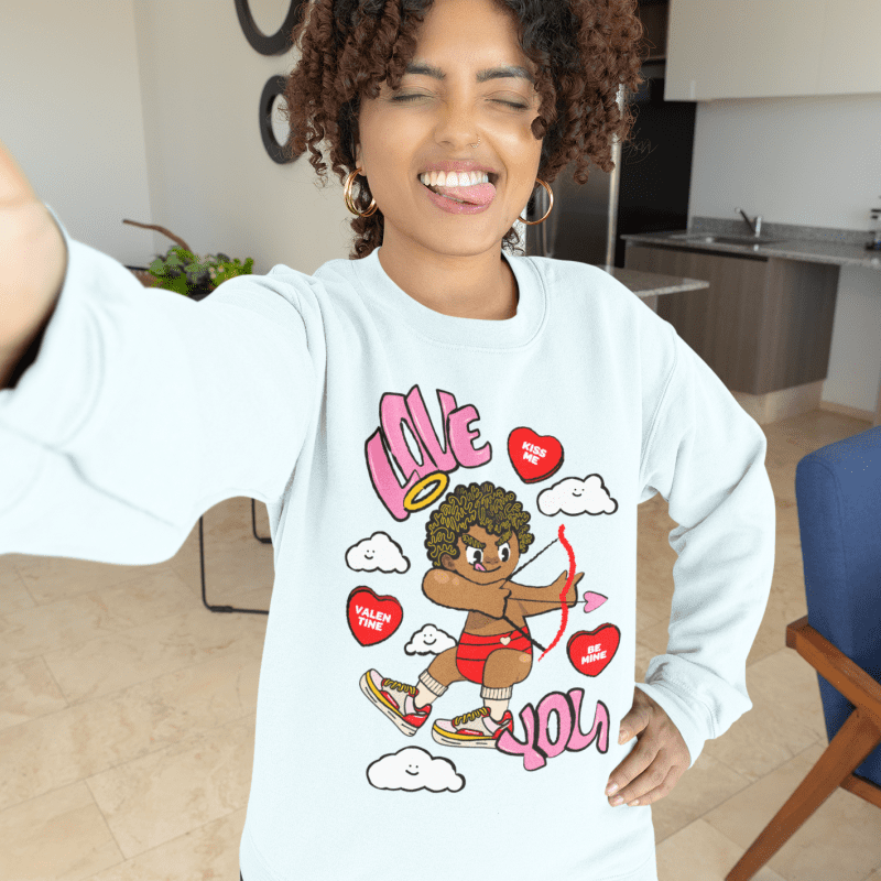 selfie mockup featuring a woman in a sweatshirt making a funny face m31485